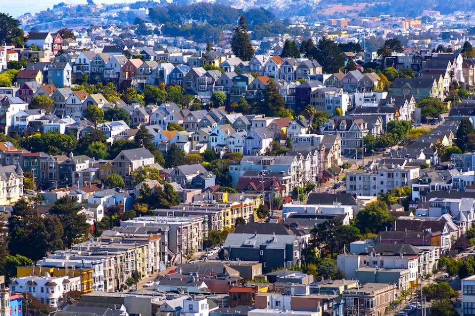 Aerial view of dense housing in San Francisco Bay Area.
